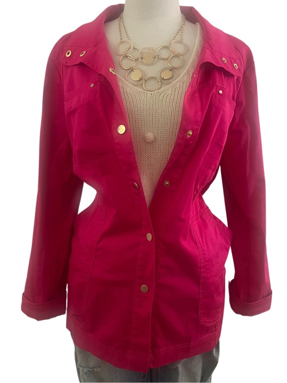 Chico's Hot Pink Utility Jacket with Gold Hardware